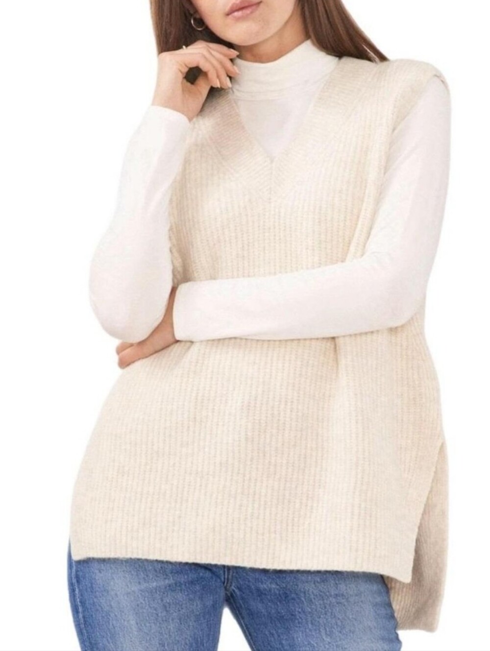 Vince Camuto Cream Sleeveless V-Neck Ribbed Knit Sweater Vest